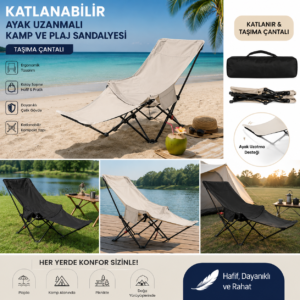 Katlanabilir Ayak Uzanmalı Kamp ve Plaj Sandalyesi Taşıma Çantalı